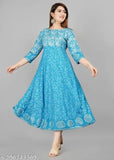 Blue rayon anarkali Jaipur kurti, three-quarter sleeves, intricate print, women's fashion from India