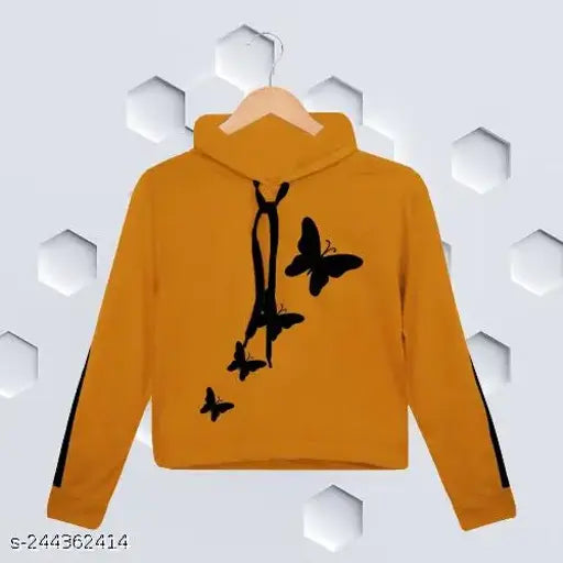 Mustard cotton blend butterfly-printed crop hoodie for women or girls, Indian made women's/ladies and girls' graphic long sleeve top