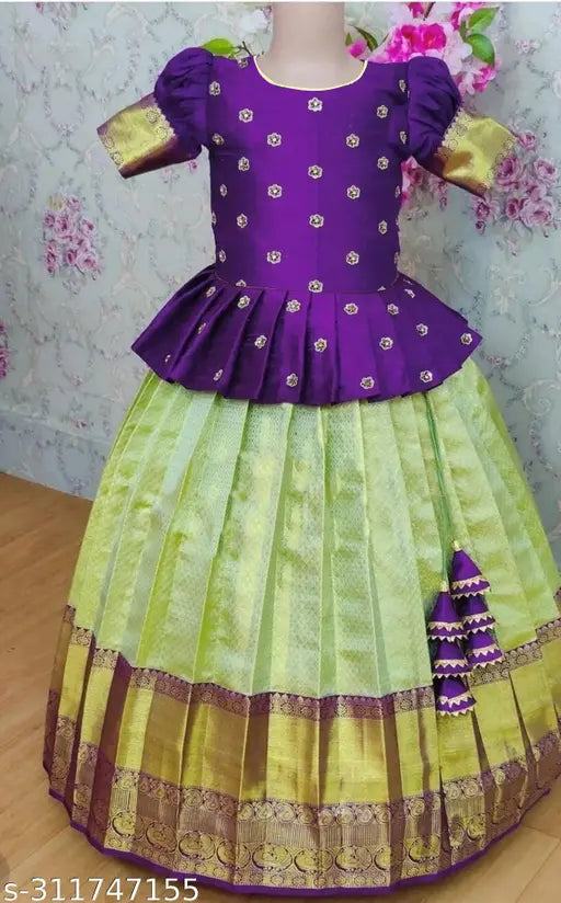 New designer kids art silk embroidered lahenga choli in jacquard silk, sleeveless, suitable for parties, weddings, birthdays, festivals. Made with cotton inner for comfort and dry clean only." (124 characters)