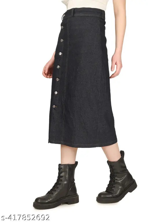 Black pleated skirt with side buttons, midi length, women's fashion