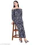 Navy Blue Poly Crepe Off-Shoulder Jumpsuit with Zebra Print, women's full sleeve style by SHIVAYA SE, pack of 1