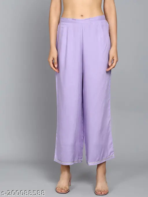Lavender rayon embroidered kurta set with palazzos. Traditional sequin work, elegant and comfortable women's fashion from Angita