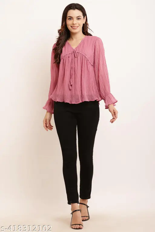 Denim three-quarter sleeve solid top by Juglygirls for women, great quality product made in India