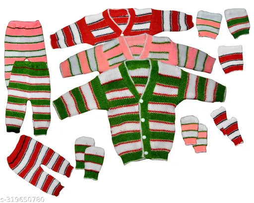 Multi-colored woolen baby sweater pyjama set (3 pack) featuring striped patterns, suitable for both boys and girls, ages 0-3 months