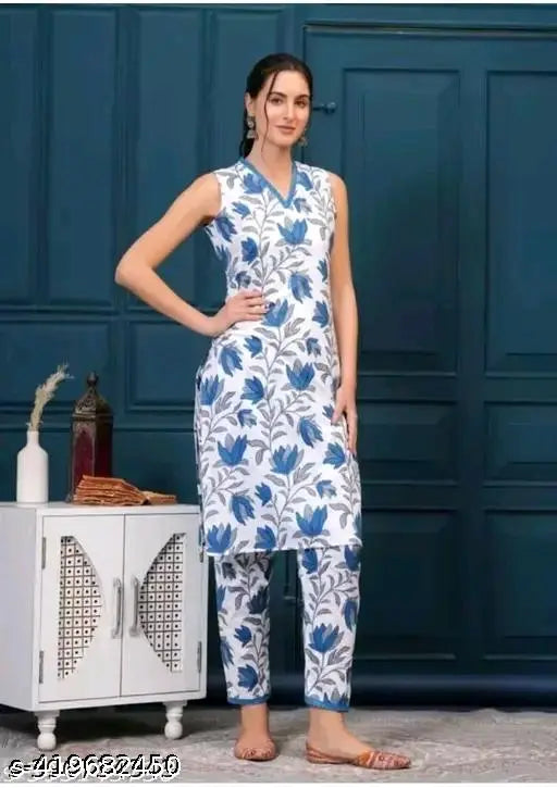 Rama Flower Cotton Kurta Set, sleeveless Indian outfit with cotton blend fabric, featuring printed net floral design on both kurta and pants for a stylish ensemble