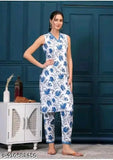Rama Flower Cotton Kurta Set, sleeveless Indian outfit with cotton blend fabric, featuring printed net floral design on both kurta and pants for a stylish ensemble