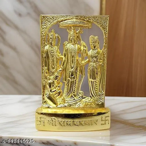 Handcrafted metal Ram Darbar idol with Lord Rama, Sita, Laxman, Hanuman. Antique golden-oxidized finish, ideal for home, office decor, temples, or gifts. Product dimensions: 7cm (L) x 11cm (H) x 1.5cm (B). Made in India
