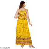 Mustard print rayon dress with long skirt