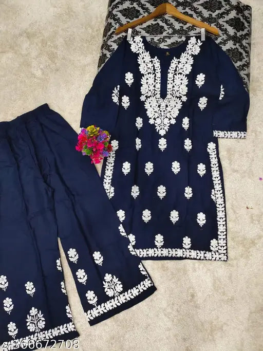 Rayon Chikankari Kurti & Palazzos Set - Embroidered, three-quarter sleeves, Indian women's fashion, rayon fabric