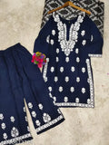 Rayon Chikankari Kurti & Palazzos Set - Embroidered, three-quarter sleeves, Indian women's fashion, rayon fabric