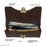 The image depicts a brown hand clut purse with two visible card slots, featuring what appears to be a zip closure and an inside pocket. It is made of fabric and has a matching brown shoulder strap. This type of purse is often used for small everyday carry-alls by women
