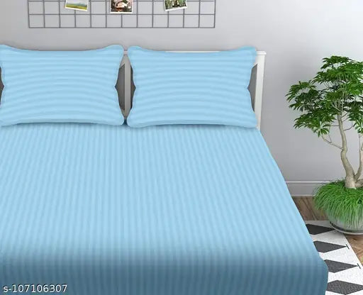 King Sky Blue Akin 220 TC Glace Cotton Striped Double Bed Sheet & Pillow Covers, ideal for hotels and guest houses