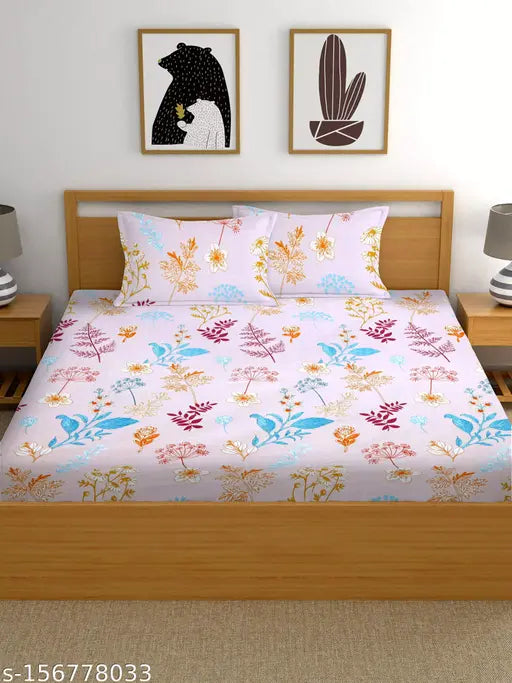 160 TC cotton double floral fitted elastic bedsheet by CRAFTEAEALS, botanical print for summer