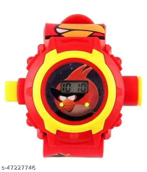 Red and yellow kids watch with Angry Birds character, digital display reading 10:15