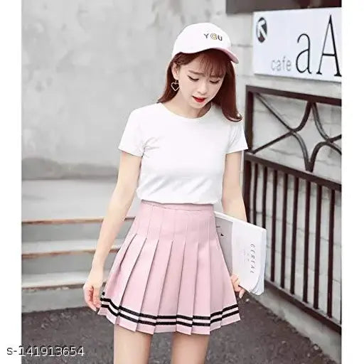 Pink stripe printed cotton pleated mini skirt for women, high waist style