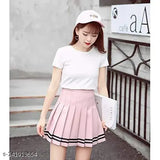 Pink stripe printed cotton pleated mini skirt for women, high waist style