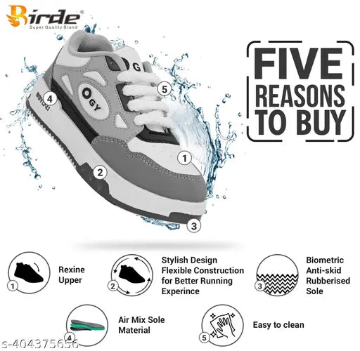 Casual shoes for boys in grey with white laces, five reasons to buy, Birde brand