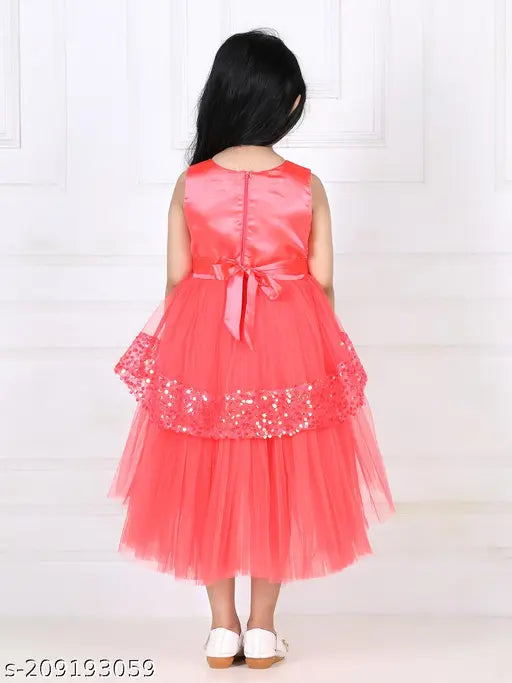 Coral chiffon girls party wear dress, sleeveless design with ruffles