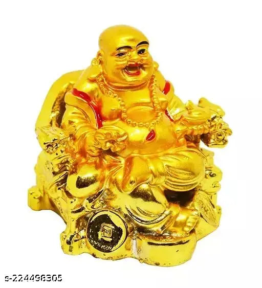 Golden Laughing Buddha statue with ingot money coins, 74cm high, Feng Shui decor for wealth and prosperity