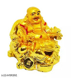 Golden Laughing Buddha statue with ingot money coins, 74cm high, Feng Shui decor for wealth and prosperity