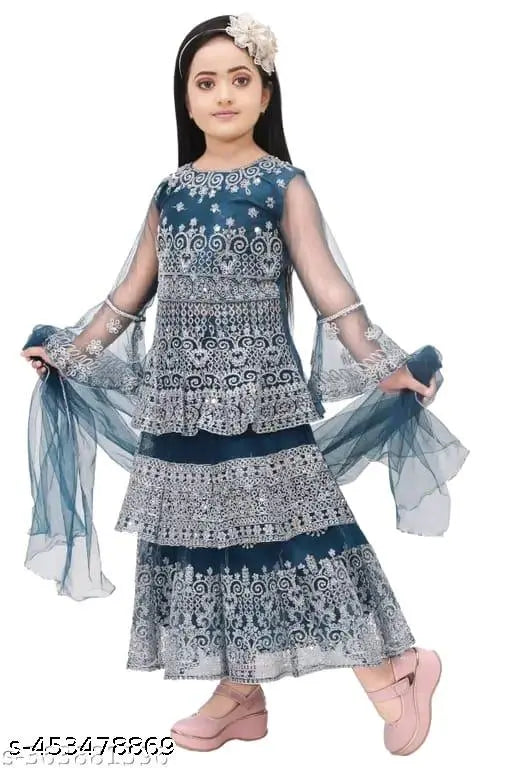 Blue cotton blend net lehenga choli for kids: embellished, sleeveless full length mirror work embroidery