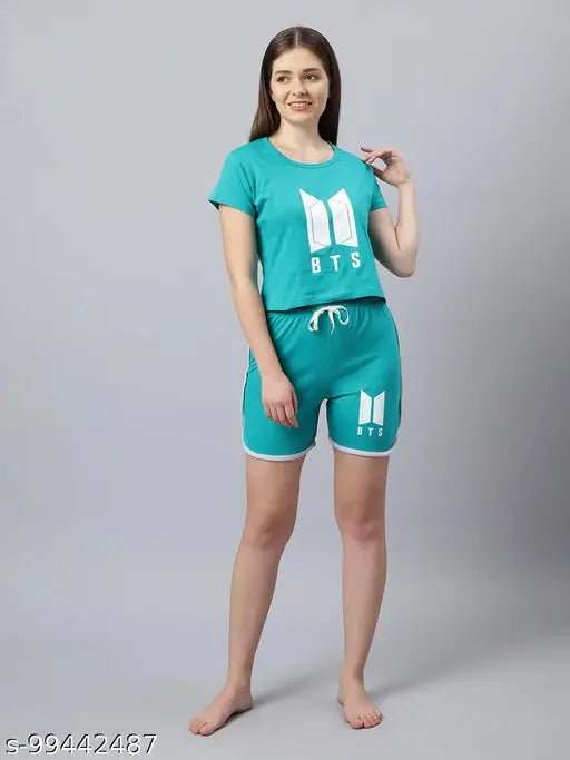 Fashionable hosiery women's printed net night suit set, top & shorts