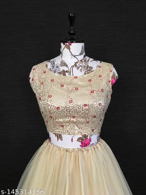 Cream-colored embellished sequinned semi-stitched lehenga with unstitched blouse and dupatta, Art Silk/Net fabrics, Indian embroidery