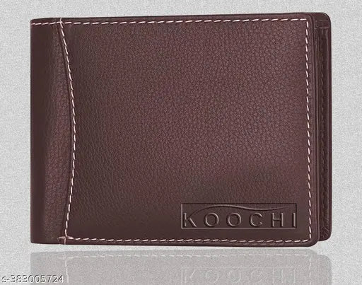 Brown textured PU leather bi-fold wallet for men, features 9 card slots, 2 transparent card slots, 2 cash compartments, and a coin slot, with a side pocket snap button lock and center zipper. Made in India