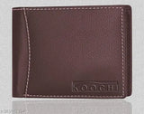 Brown textured PU leather bi-fold wallet for men, features 9 card slots, 2 transparent card slots, 2 cash compartments, and a coin slot, with a side pocket snap button lock and center zipper. Made in India