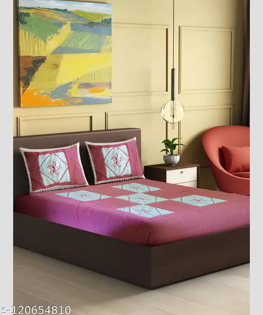 Red embroidered style cotton double bedsheet set with 2 pillow covers, ideal for summer, machine washable
