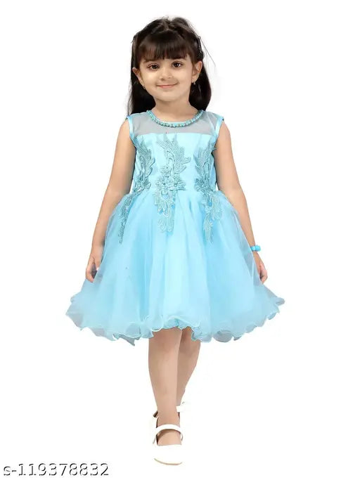 Aqua blue net dress for girls, self-design patchwork in turquoise color, sizes 12-18 months to 4-5 years