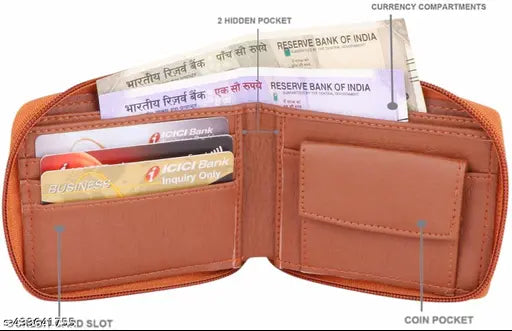 Tan artificial leather men's wallet, compact bifold design with 4 compartments, durable and stylish for travel or business use