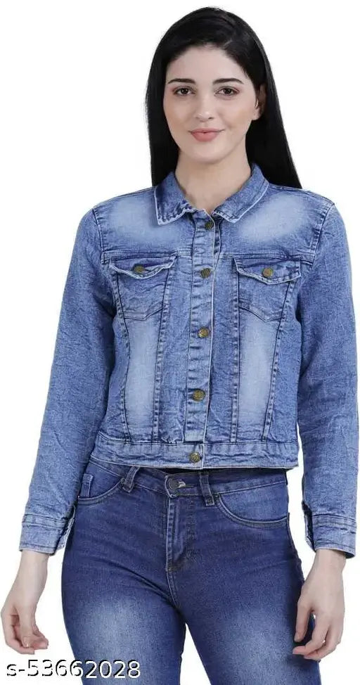 Trendy washed denim jacket, long sleeves, solid pattern, cotton fabric for women's fashion, India-made