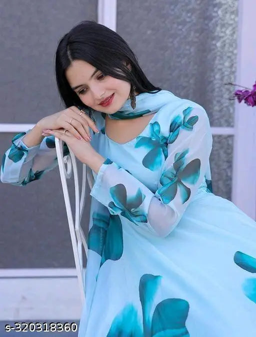 Blue floral printed women's kurta with duoatta