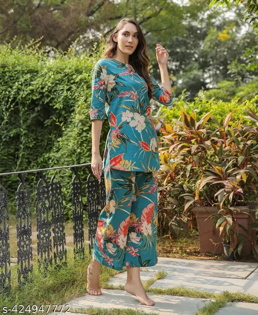 Women's Printed Cotton Blend Kurta Bottom Set with Palazzos - Indian cotton blend fabric, three-quarter sleeves, breathable, lightweight, and durable