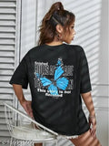 Women's half sleeve butterfly print oversized round neck casual tee shirt