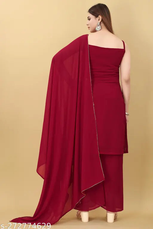 Maroon georgette embroidered party kurta, palazzo, and dupatta set - Sleeveless Indian fashion ensemble for women