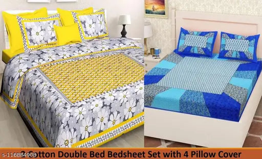 Jaipuri cotton bed sheet combo pack with matching pillow covers, 2 sets included