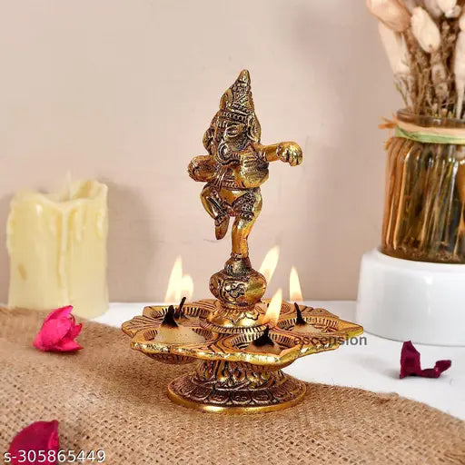Antique metal Dancing Ganesh Diya, 5-wick holder with stand for Pooja Room Diwali decoration