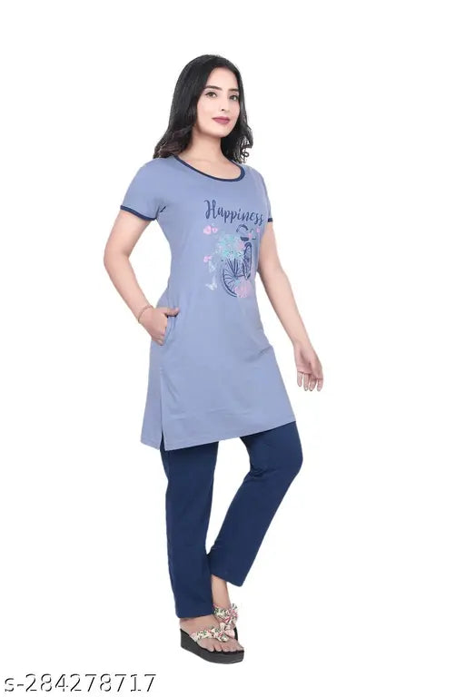 Polycotton printed women's nightsuit set (pack of 2), casual round neck half sleeve, summer colors