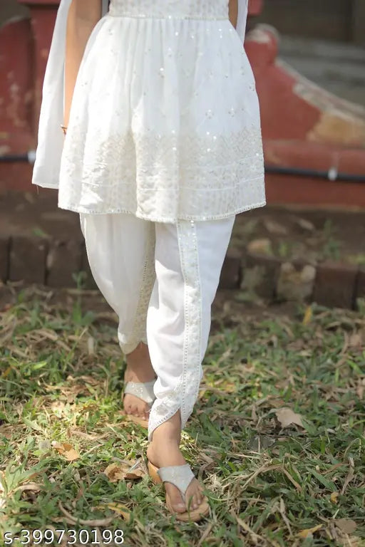 White georgette ethnic dhoti kurta set, embellished A-line top with sleeveless shorts, traditional Indian festive wear for children aged 3-15