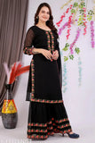Black embroidered kurta, black dupatta, black pants