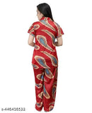 Red satin pankh printed nightwear set for women, featuring a short-sleeved shirt and pyjama bottoms. Hand wash or machine washable with a cozy, lightweight feel. Made of soft satin fabric, suitable for various sizes from M to XXXL. Origin: India