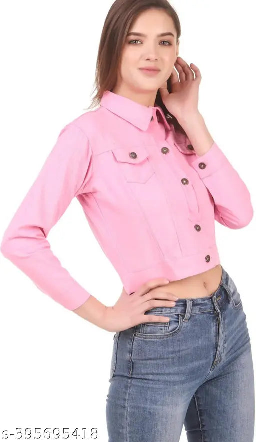 Pink denim unisex jacket, solid pattern, three-quarter sleeves, India origin