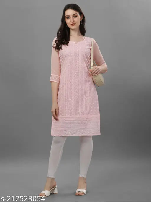 Embroidered Georgette Petite Kurti, Three-Quarter Sleeves, Chikan Embroidery, Indian made