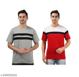 Grey and Red striped cotton round neck half sleeve T-shirt combo(Pack Of 1), ROPALLEY men's T-shirt in regular fit, ribbed neckline, label-free for comfort, India origin