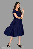Navy Blue Rayon Fit and Flare Calf-Length Dress with Square Neck and Puff Sleeves, solid color for versatile casual wear