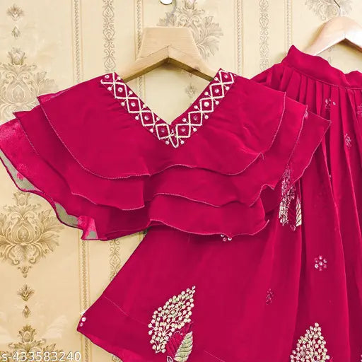 Georgette sleeveless crop top with printed lehenga choli set for kids party wear. Embroidered ethnic wear from India