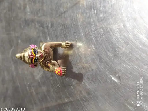 Brass laddu gopal figurine, 1 number scale, blue eyes accented with pink and green embellishments