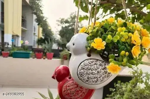 Ceramic hanging birds set - red & white (pack of 2), Indian-made garden decor bird showpieces